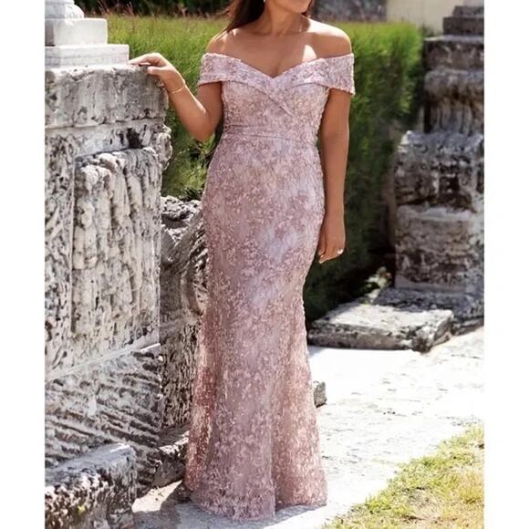 Xscape Jill Off The Shoulder Lace A Line Long Evenings Gown Taupe Pink 4 - Picture 1 of 11